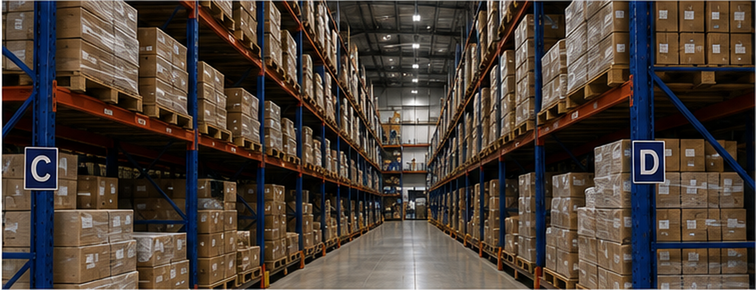 Centro de distribuição com racks altos e pallets em grande escala