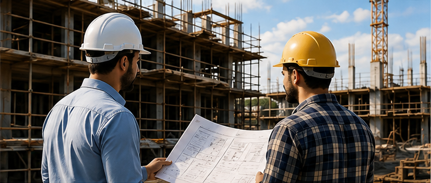 Profissionais analisando projeto em obra de construção civil